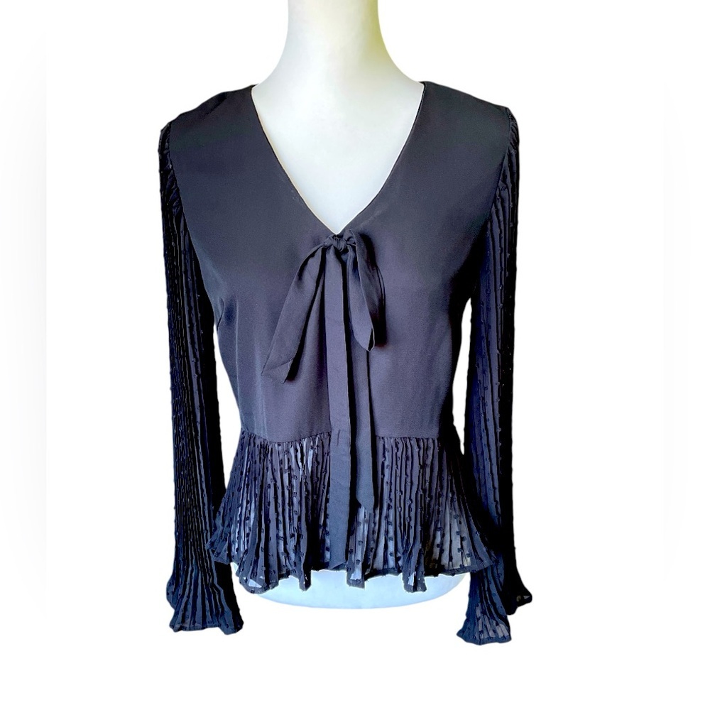 Savanna Jane Black Micropleat Bell Sleeve Swiss Dot V-Neck Blouse, Size Small